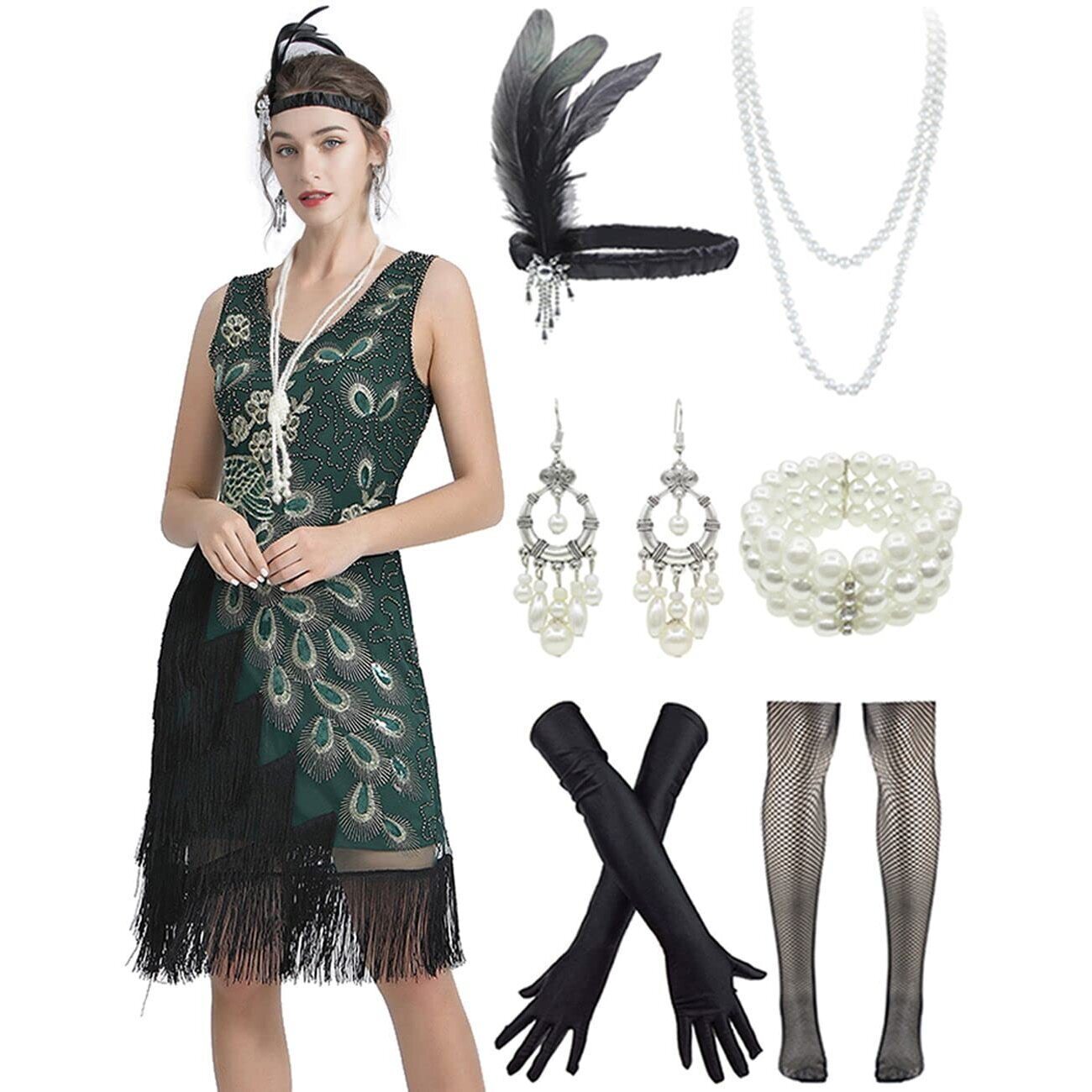 3542 1920s Vintage Peacock Sequined Dress Gatsby Fringed